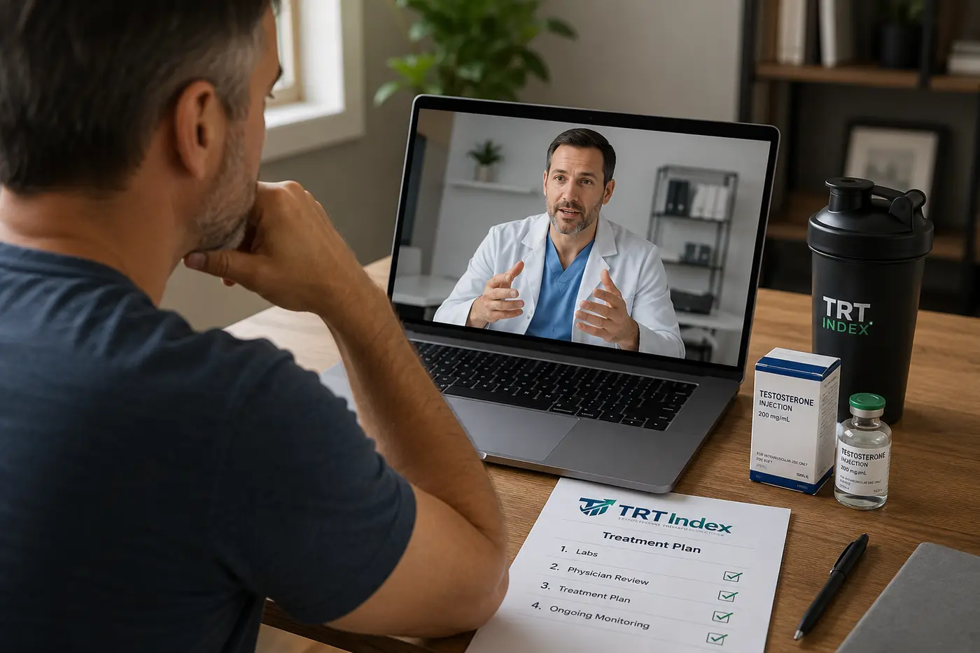 Man reviewing an online testosterone therapy consultation with a clinician on a laptop
