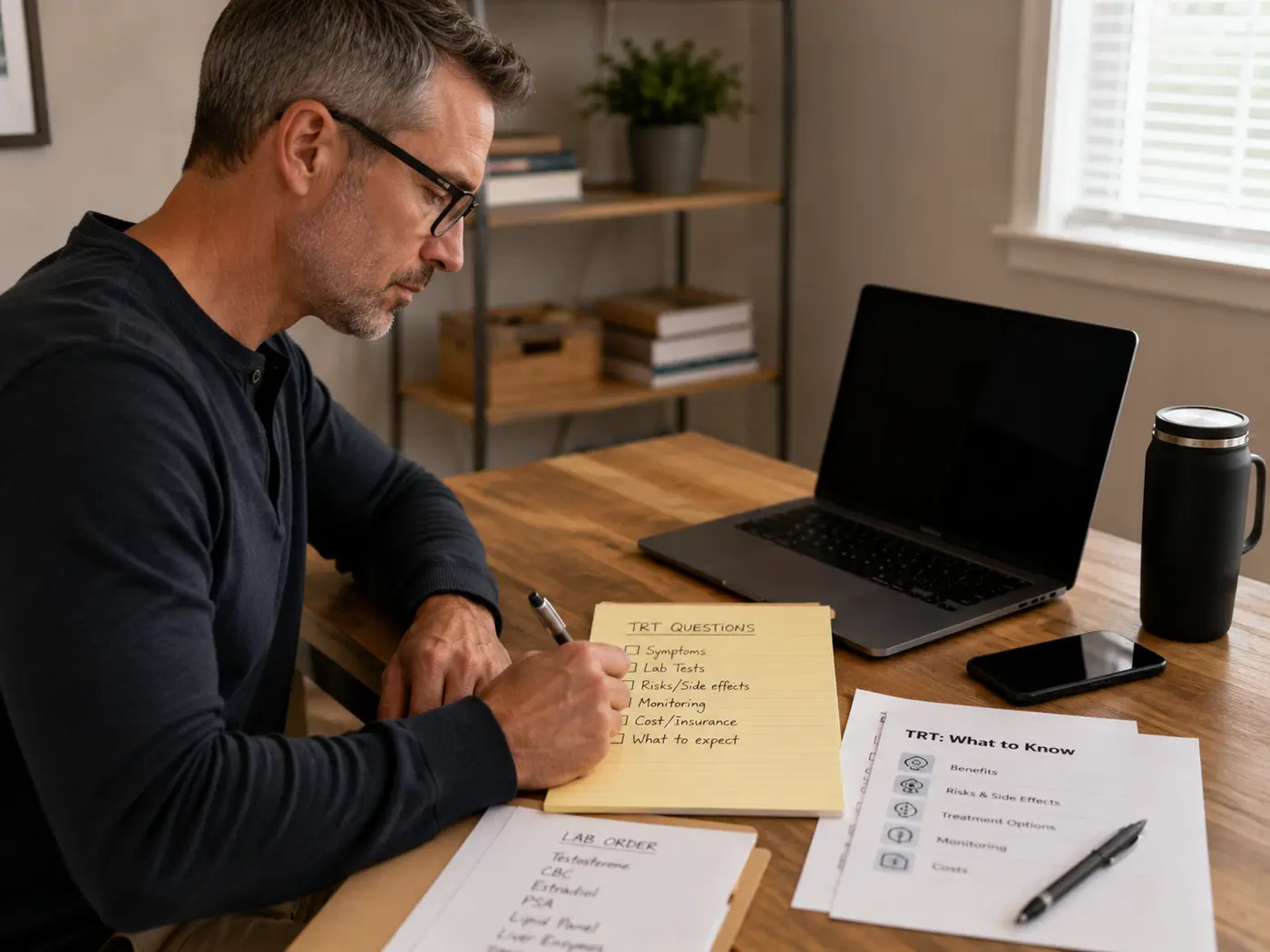 Man taking notes while comparing testosterone therapy clinic options at home