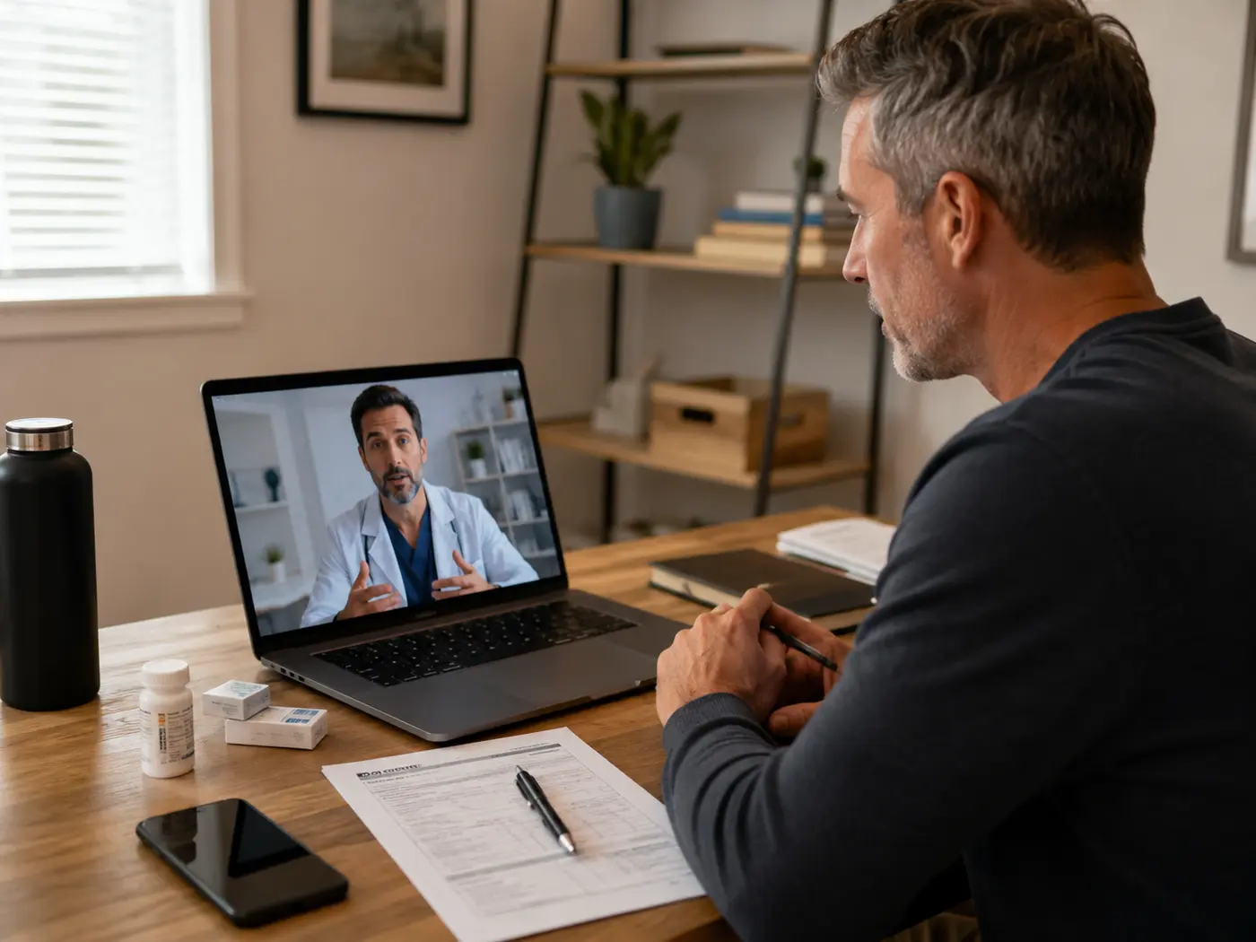 Patient speaking with a clinician during a testosterone therapy telehealth appointment