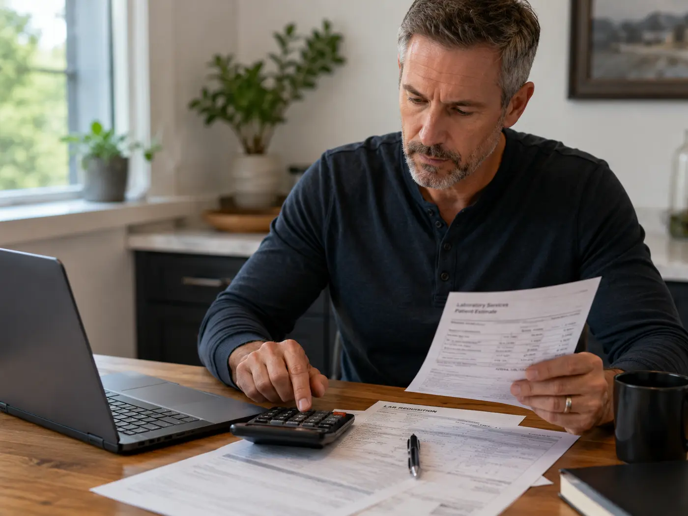 Man reviewing testosterone therapy paperwork and notes before a medical consultation
