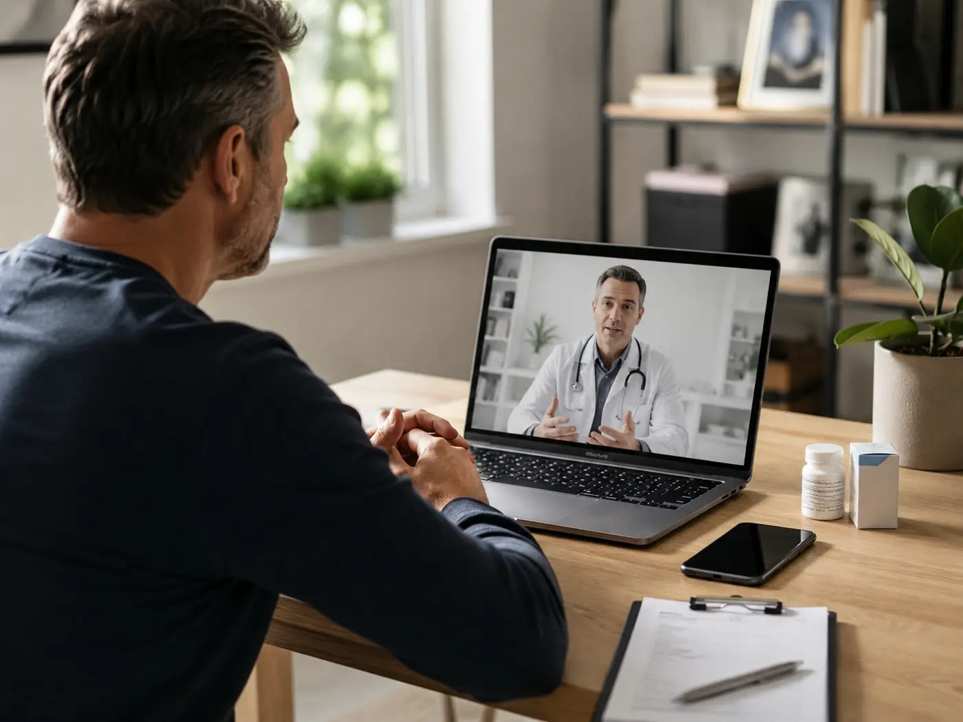 Man using a laptop for a virtual testosterone therapy clinic consultation
