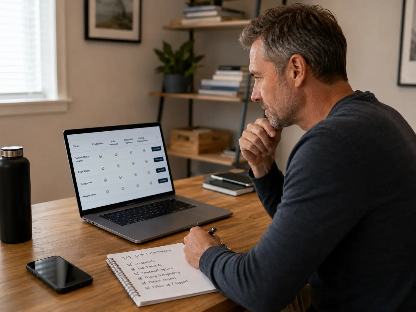 Man reviewing testosterone therapy lab information and costs on a laptop