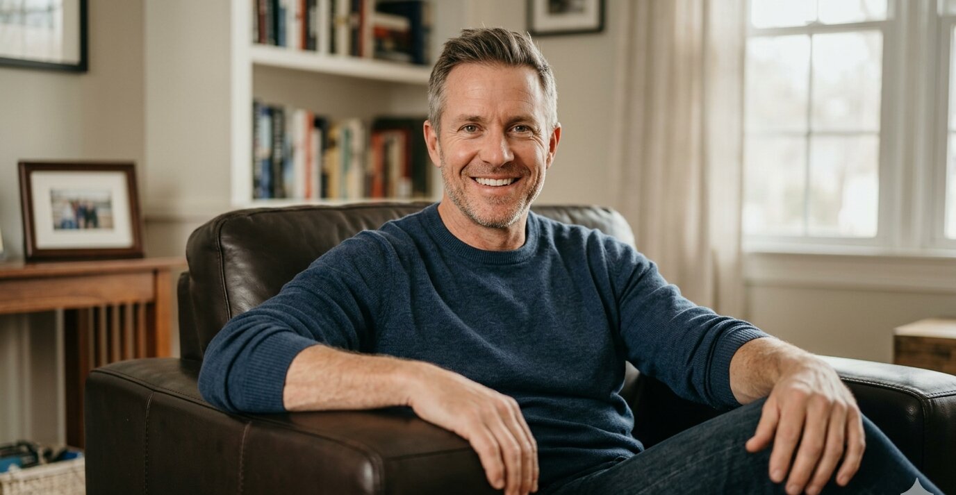 Smiling man relaxing on a couch at home