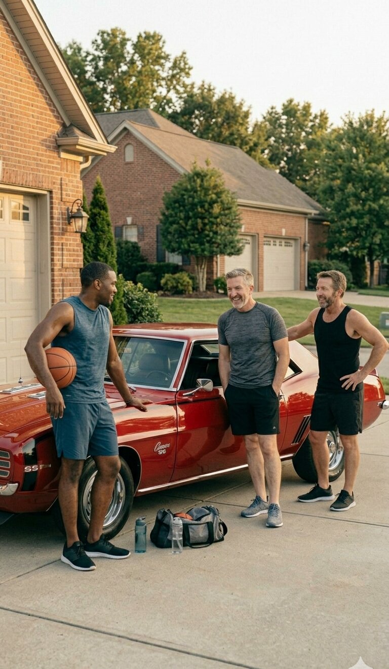 Three men gathered around a classic red Camaro in a driveway