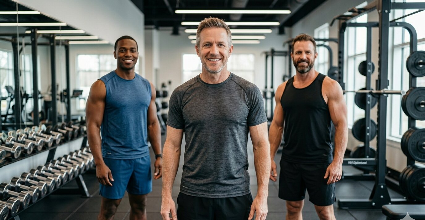 Three men standing together in a gym